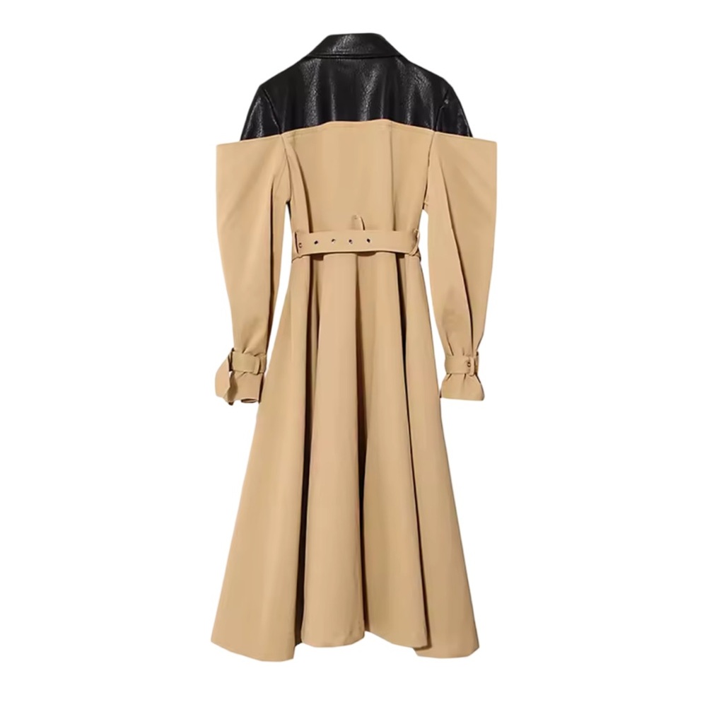 Beige Trench Coat with Black Leather Collar - Women - Picture 2 of 6